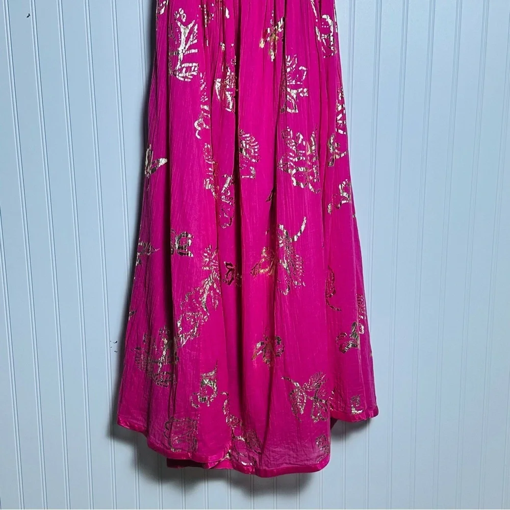 Free People Baja Babe Midi Dress Hot Pink Combo Metallic Gold XL Floral Cotton - Picture 7 of 14